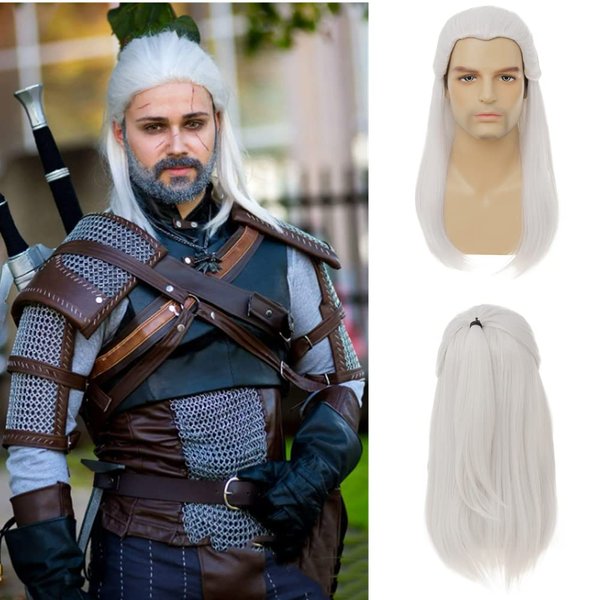 Dai Cloud White Straight Wigs for Men Halloween Costume Wig Long White Straight Male Hair Cosplay Anime Wig for Party