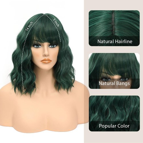 LOSMOEER Dark Green Wig with Bangs Short Wavy Wigs for Women Shoulder Length Curly Bob Wigs Heat Resistant Synthetic Wigs for Halloween Cosplay Daily Party Use