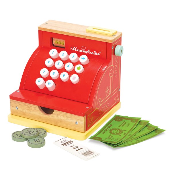 Le Toy Van - Wooden Honeybake Toy Cash Register | Role Play Toy | With Receipt, Opening Till Drawer And Play Money | Perfect For Supermarket, Food Shop or Cafe Pretend Play