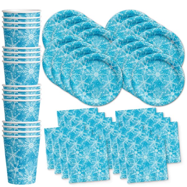 Snowflake Winter Wonderland Birthday Party Supplies Set Plates Napkins Cups Tableware Kit for 16