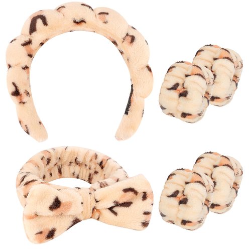 CAVETEE Hairband Set, 6 Pack Spa Headband for Washing Face, Makeup Headband with Wristband for Women, Soft Velvet Fabric, Perfect Size, Leopard Print