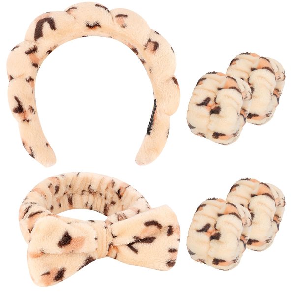 CAVETEE Hairband Set, 6 Pack Spa Headband for Washing Face, Makeup Headband with Wristband for Women, Soft Velvet Fabric, Perfect Size, Leopard Print