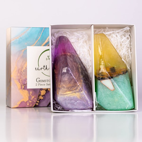 Rock Soap- Soap Rocks set of 2- Gemstone Soaps with Real Crystals inside- Decorative Crystal Soap with Natural Ingredients & Essential Oil- Moisturizing & Scented Fancy Soap Gift for Women & Men