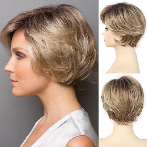 SEVENCOLORS Short Blonde Pixie Cut Wigs for White Women Layered Short Wavy Blonde Wigs with Highlights Natural Synthetic Hair Womens Wigs