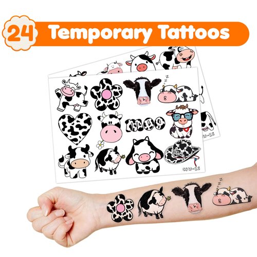 36PCS Cow Party Favors 24 Tattoos Sticker 12 Stamp Set - Ideal Cow Print, Farm, Milk Themed Birthday Decor Supplies Goodie Bag, Classroom Gifts, Cute Rewards for Girls, Baby Shower Prizes