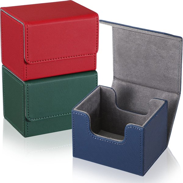 Weewooday 3 Pieces Leather Deck Card Boxes Cards Deck Game Box for 100 Plus Cards Playing Card Deck Card Magnetic Storage Box Compatible with MTG TCG(Blue, Red, Green,Horizontal)
