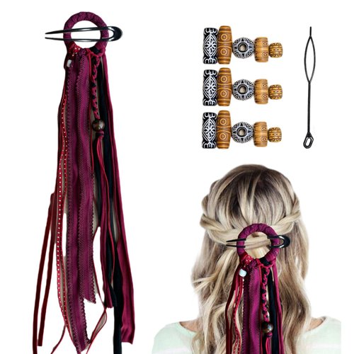 Handmade Boho Hair Barrette Hair Tie Braided Suede Wood beads Hair Pins Hair Extension Tassels DIY Beads Ponytail Holders Hair Accessories for Women (Red)