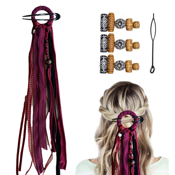 Handmade Boho Hair Barrette Hair Tie Braided Suede Wood beads Hair Pins Hair Extension Tassels DIY Beads Ponytail Holders Hair Accessories for Women (Red)