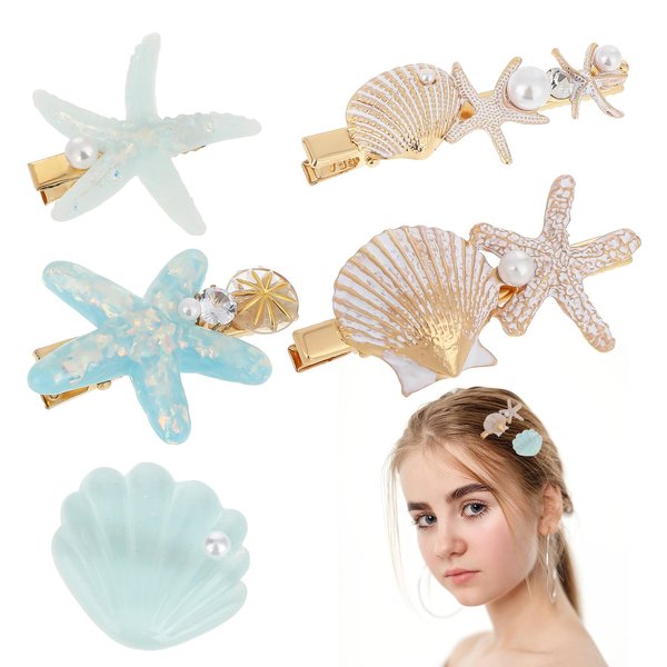 Dimeho Shell Pearl Starfish Hair Clip Set, 5 Pcs Seashell Hair Clips for Women Resin Beach Starfish Hair Pins Princess Alligator Hair Clips Headwear Styling Tools Crystal Halloween Hair Accessories