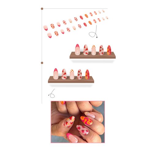 Pikabows Press On Nails Medium Almond Strawberry Swirl Heart Checkboard Flower Fake Nails Acrylic False Nail Tips Kit Glue on Nails for Women