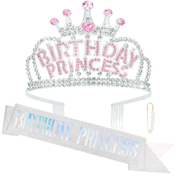 Wecoe Birthday Crown and Sash Women Girls Birthday Princess Crown Silver Rhinestone Tiaras and Crowns Happy Birthday Party Favors Supplies 16th 18th 21st 25th Birthday Decorations Gifts for Her