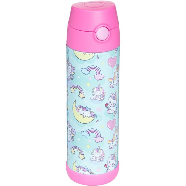 Snug Kids Water Bottle - insulated stainless steel thermos with straw (Girls/Boys) - Unicorn, 17oz