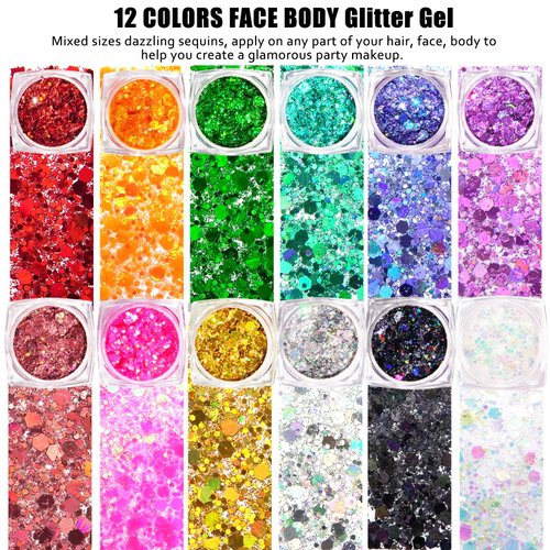 12 Colors Body Glitter Face Glitter Festival Makeup Hair Glitter Gel, Rave Glitter Gel for Body Hair Face Paint with Brush, Face Body Glitter Gel for Woman for Festival Carnival Party Christmas