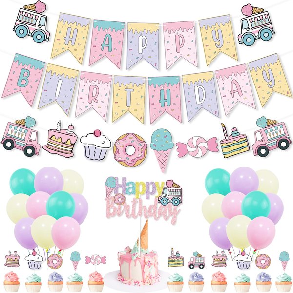 Comic Sweet Ice Cream Donut Birthday Party Decor, Cartoon 2D Comic HAPPY BIRTHDAY Party Banner Cake Toppers Balloons for Kids Awesome Ice Cream Theme Birthday Party Girls Candy Birthday Party Supplies