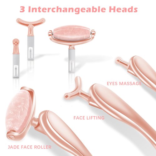ROMALOVE Jade Facial Roller, Jade Face Roller Massager with 3 Interchangeable Heads for Women Routine Skin Care, Reduce Puffiness Wrinkling Rejuvenate Skin (Pink Roller + Rose Gold)