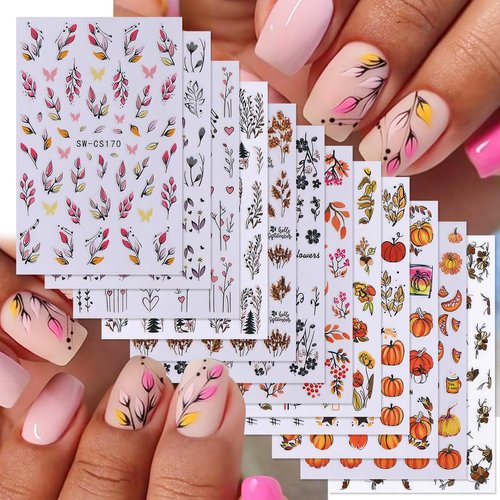 12 Sheets Fall Nail Art Stickers Autumn Leaves Nail Decals Pumpkins Drinking Maple Leaves Flower Nail Design 3D Self-Adhesive Holiday Thanksgiving Sliders Manicure Nail Decor