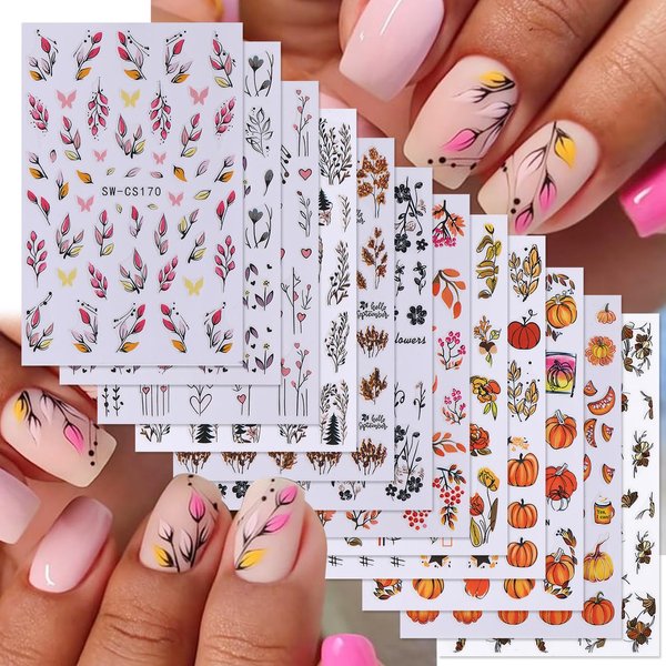 12 Sheets Fall Nail Art Stickers Autumn Leaves Nail Decals Pumpkins Drinking Maple Leaves Flower Nail Design 3D Self-Adhesive Holiday Thanksgiving Sliders Manicure Nail Decor