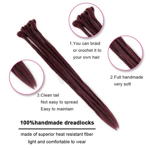 Dsoar Dreadlock Extensions Synthetic Dreads Handmade 12pcs locs Hair Extensions(20 Inch, Burgundy)