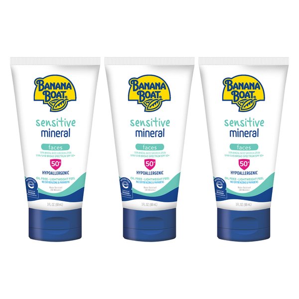 Banana Boat Sensitive 100% Mineral Face Sunscreen Lotion SPF 50, 3oz | Travel Size Sunscreen, Mini Sunscreen for Face, Banana Boat Face Sunscreen, Banana Boat Mineral Sunscreen SPF 50, 3oz