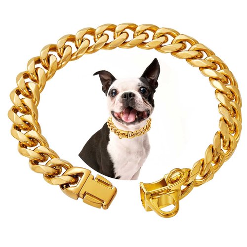 Stainless Steel Silver Gold Dog Collars with Safety Buckle Lock,18K Cuban Link Chain Training Collar,15MM Strong Dog Necklace Heavy Duty Chew Proof for Small Medium Large Dog