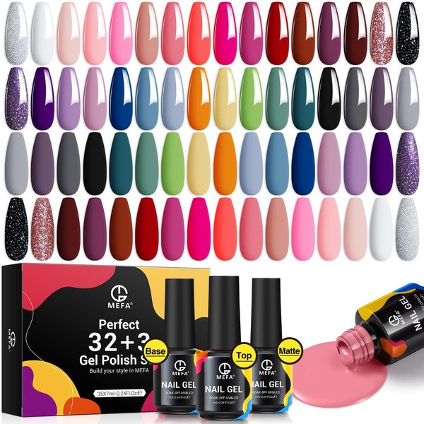 MEFA 35 Pcs Gel Nail Polish Set, 32 Colors All Seasons Collection Gel Nail Polish Kit with Base Coat No Wipe Glossy&Matte Top Coat Blue Red Pink Nail Art Manicure DIY Salon Home Gifts for Women Girls
