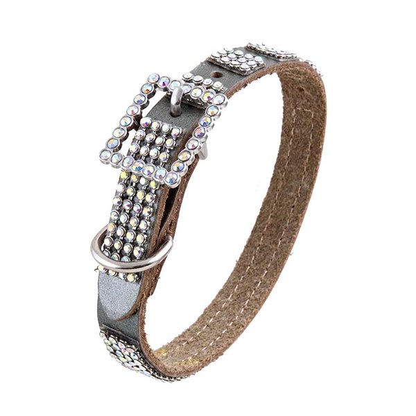 Crazy4Bling Pewter Silver Leather Dog Collar with 4 Rows Clear Rhinestones and Rhinestone Buckle, Size Small