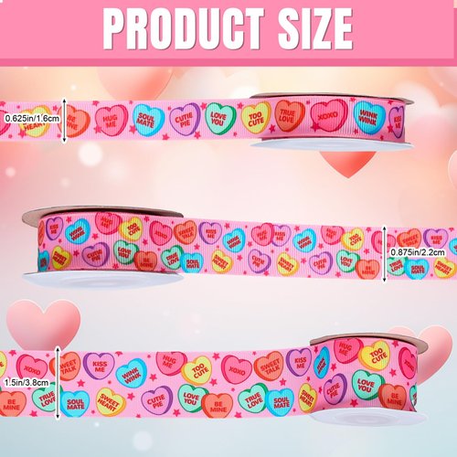 JarThenaAMCS 3 Rolls Valentine's Day Grosgrain Ribbon Conversation Heart Grosgrain Ribbon Candy Heart Craft Ribbon for Gift Wrapping Floral Arrangement Wreath Bow DIY Crafts Decor, 15 Yards