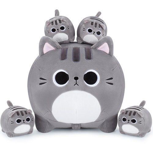 Grey Cat Plush, 5 PCS Cat Plush Stuffed Animal Family, 16" Grey Cat Mommy Cat with 4 Baby Kittens Cat Plushies for Kids, Kawaii Cat Plush Toy Christmas Birthday Gifts for Kids Boys Girls