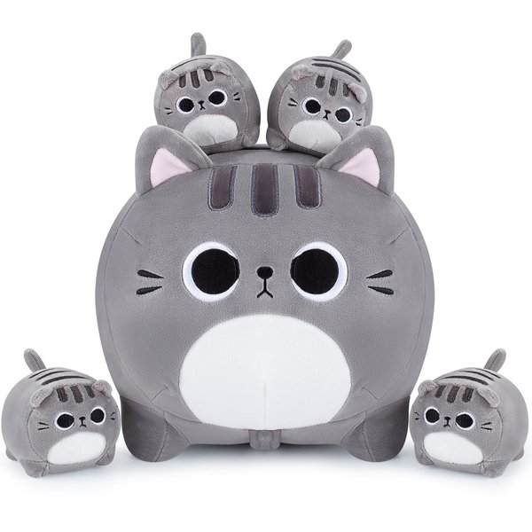 Grey Cat Plush, 5 PCS Cat Plush Stuffed Animal Family, 16" Grey Cat Mommy Cat with 4 Baby Kittens Cat Plushies for Kids, Kawaii Cat Plush Toy Christmas Birthday Gifts for Kids Boys Girls