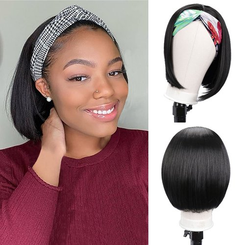 GOWIT Short Headband Wig 10 Inch Bob Headband Wigs for Black Women Glueless Staight Half Wig Heat Resistant Natural Synthetic Wigs for Cosplay Party Daily Use(10",1B)