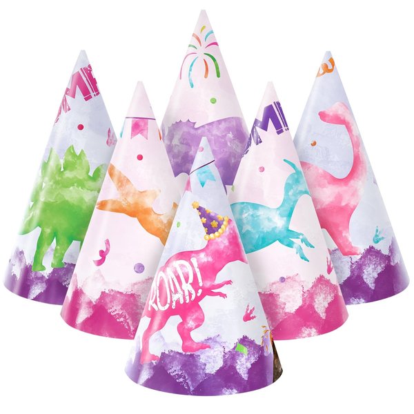 WERNNSAI Dinosaur Party Hats, 24 PCS Watercolor Dino Themed Birthday Headwear, Costume Headwear for Girls Baby Shower, All Ages, Elastic Closure, Hand Wash Only, Paper, 6.7" x 4.7"