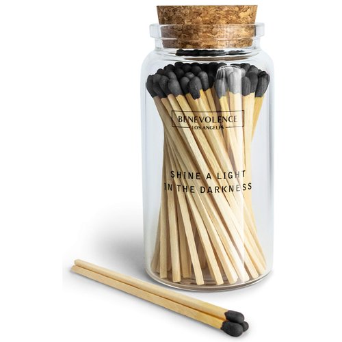Benevolence LA Decorative Wooden Matches, Artisan Long Matches for Candles, Matches in a Jar, Colored Safety Matches for Lighting Candles with Match Striker On The Bottle, Midnight Black 4 inches