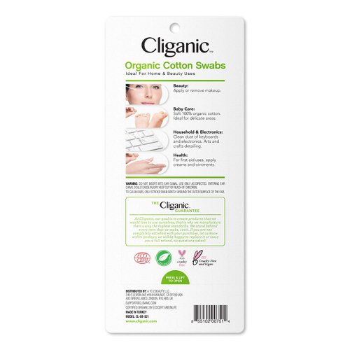 Cliganic Organic Cotton Swabs, 500 Count - 100% Pure Natural Cotton, Chlorine-Free Hypoallergenic, Soft, Gentle & Absorbent Buds