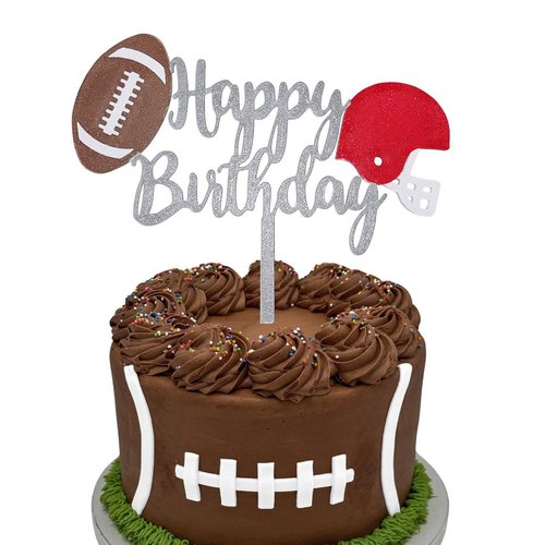 Moose Goods Happy Birthday Football Cake Topper - Easy to Use & Reusable Football Cupcake Toppers, Multi-Color Sports Cake Topper - Creative & Designed for Birthday Parties, Food Safe Plastic - Silver
