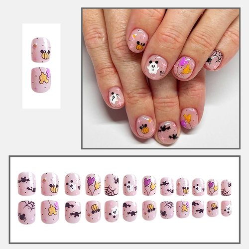 24 Pcs Halloween Press on Nails Short Square - YEFIUO Pink Cute Fake Nails Press ons Nail Tip Full Cover False Nails with Bear Bat Spider Web Designs Glue on Nails Kit Acrylic Nail Art DIY for Women