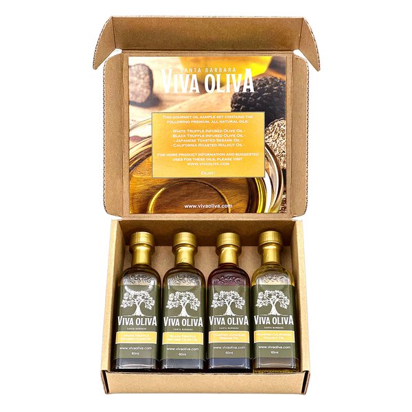 Viva Oliva Gourmet Oil Variety Gift Set - Four 60ml (2oz) bottles - White Truffle Oil, Black Truffle Oil, Toasted Japanese Sesame Oil, Roasted California Walnut Oil - Premium Quality - 100% Natural