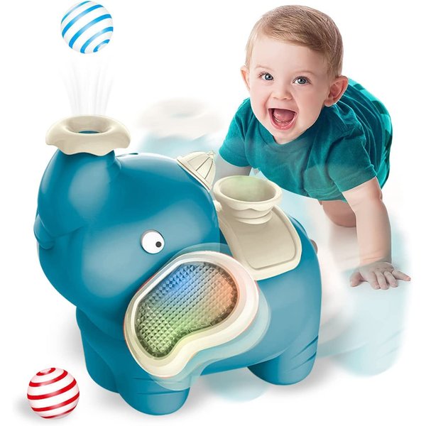 Rubrab Elephant Blowing Ball Walking Car Toys with Music Light Baby Crawling Toys Tummy Time Interactive Toddler Infant Toy Automatically Avoid Obstacles for Boys Girls (Blue)