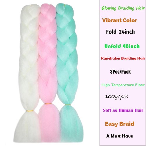 Colorful Braiding Hair Kanekalon Jumbo Braid Hair Extensions Glow in the Dark Hair 24inch 3pcs Muti Colored Braiding Hair Extension for Braiding Rainbow Glowing Braiding Hair(White/Pink/Green)