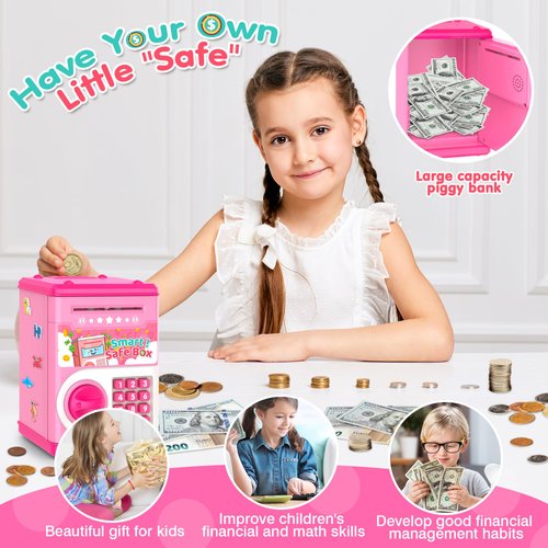 Pink Piggy Bank for Kids with Password Code Lock and Auto Grab Bill Slot, PhilaeEC Real Money Cash Coin Can Saving Box Electronic Money Safe Bank, Hot Gift for 4 7 8 9 10 11 Year Old Boys Girls