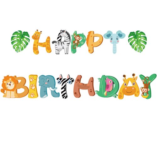 LJCL Safari Animals Happy Birthday Banner, Jungle Party Sign Jungle Animals Theme Bunting Party Decorations Supplies for Safari/Jungle Themed Birthday Party, Two Wild Party Birthday Party Supplies