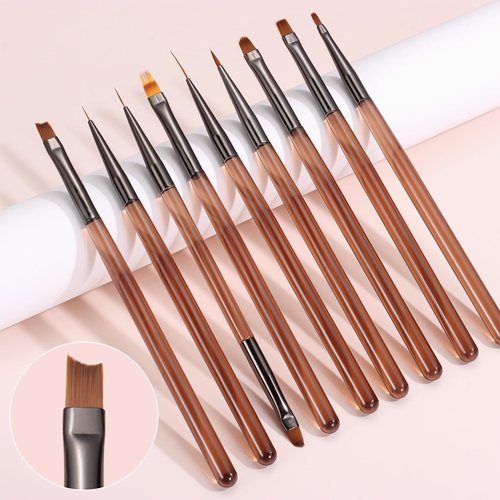 9Pcs Nail Art Brush Set, Builder Painting Design Detail Drawing Brushes Dotting Pen Double-Ended French Liner For Gel Polish Manicure Tools Acrylic Home DIY Salon Use Women, Brown