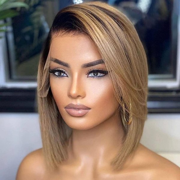 Ombre 13x6 Lace Front Wigs Human Hair Short Straight Bob Wigs Ash Blonde Remy Hair Pre Plucked Glueless Wig with Elastic Band for Women (10Inch)