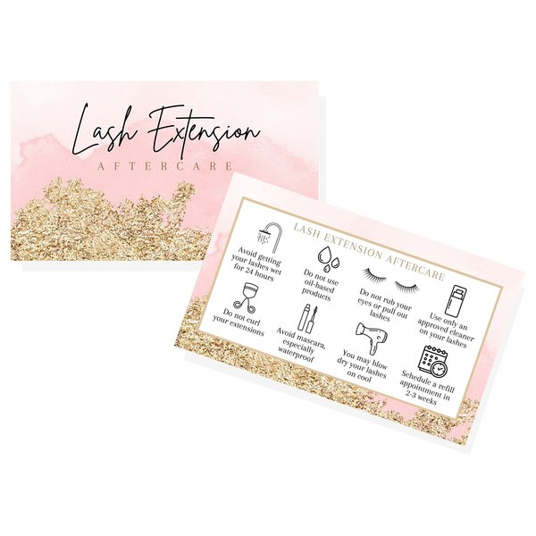 Lash Extension Aftercare Cards | 50 Pack | 2x3.5" inch Business Card Size | Eyelash Extension Supplies | Lash Aftercare | Pink Watercolor and Gold Design