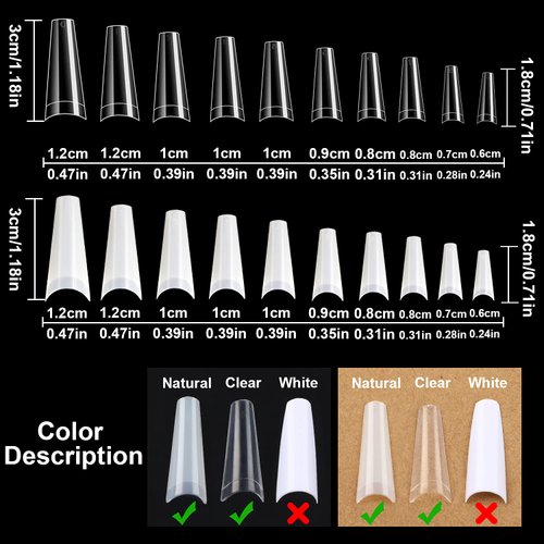 1000 PCS French Coffin Ballerina Nail Tips Acrylic Artificial Half False Flake Nail Tips 10 sizes with Clear Plastic Cases for Nail Salon Nail Shop DIY Nail Art (Clear+Natural)