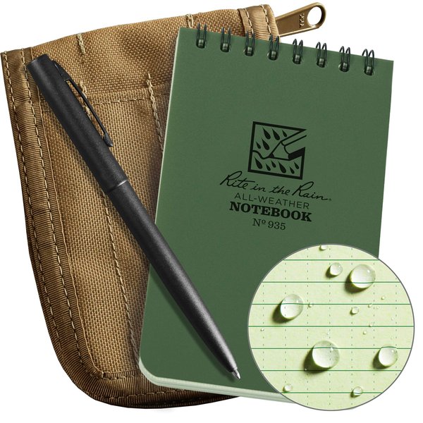 Rite in the Rain Weatherproof 3" x 5" Top-Spiral Notebook Kit: Tan CORDURA Fabric Cover, 3" x 5" Green Notebook, and an Weatherproof Pen (No. 935-KIT), Green / Tan