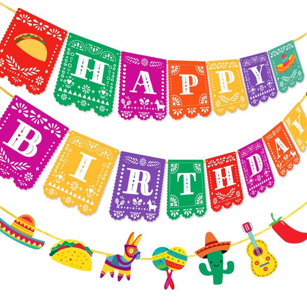 Kreatwow Fiesta Happy Birthday Banner 2Pcs Mexican Fiesta Pinata Banner Garland for Cinco de Mayo Taco Party Mexican Birthday Mexican Carnival Birthday Mexican Fiesta Party Decor