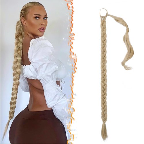 BARSDAR 30 Inch Long Braided Ponytail Extension with Hair Tie - Straight Sleek Wrap Around Blonde Braided Ponytail Hair Extensions - Synthetic Pony Tails Hairpieces for Women - Blonde Mixed