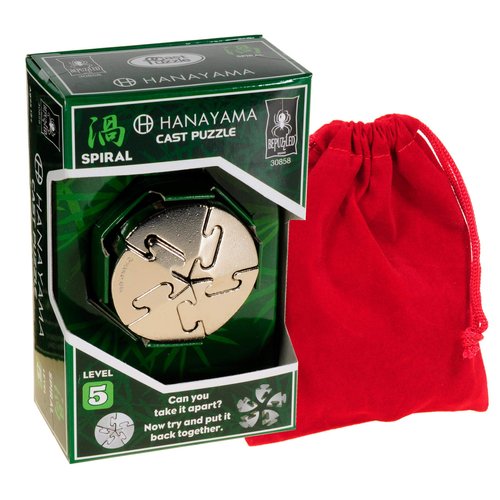 Spiral Hanayama Brain Teaser Puzzle, Level 5 Difficulty Rating, RED Velveteen Drawstring Pouch, Bundled ItemsQ