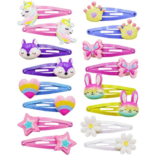 PinkSheep Unicorn Butterfly Hair Clips Barrettes for Girls, 8 Pairs/16 Pack Little Girl Hair Accessories, Bunny Flower Shaped Hair Pins, Cute Hair Clips Metal Snap Barrettes Sparkly Hair Accessories