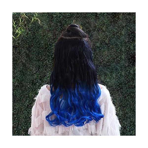 FREE BEAUTY Black and blue Clip in Hair Extensions Long Wavy U-Shaped Hair Extension with 5 Secure Clips Synthetic Hairpieces for Women